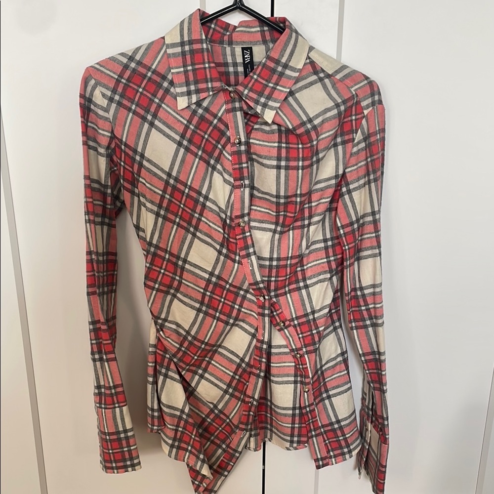 Red and Cream Plaid Button-Up Shirt